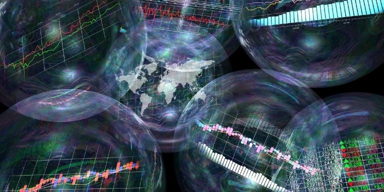 Image of graphs and charts and the world map in circular bubbles
