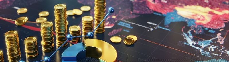 Image of the world with coins and graphs on top of it