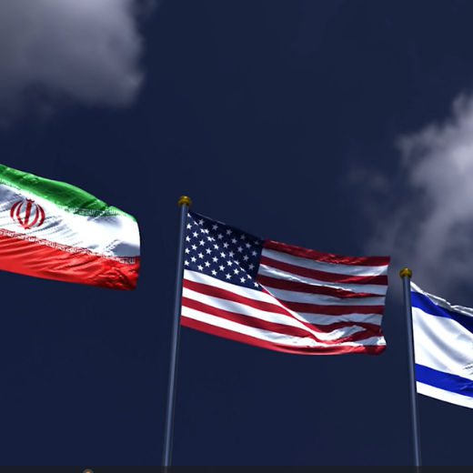 Iran, USA and Israel flags against a dark sky