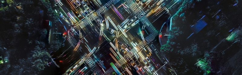 drone view of a busy city street