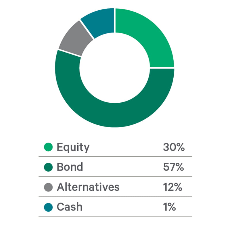 Davy SRI Cautious Growth Fund, Equity 30%, Bond 57%, Alternatives 12%, Cash 1%