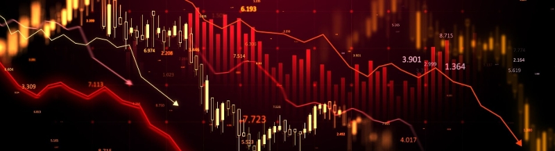 Red background with lines of market data