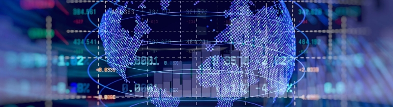 Image of the world with data charts surrounding it